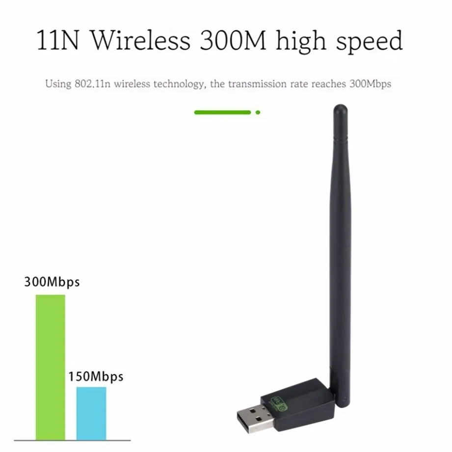 Vista frontal del adaptador USB WIFI negro con antena visible