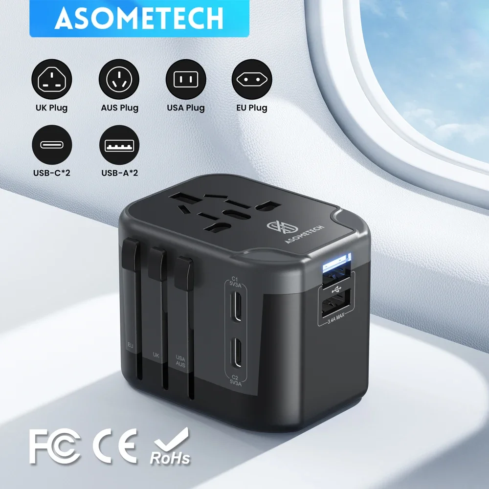 Adaptador de viaje universal USB-C PD para enchufes EU/UK/USA/AUS