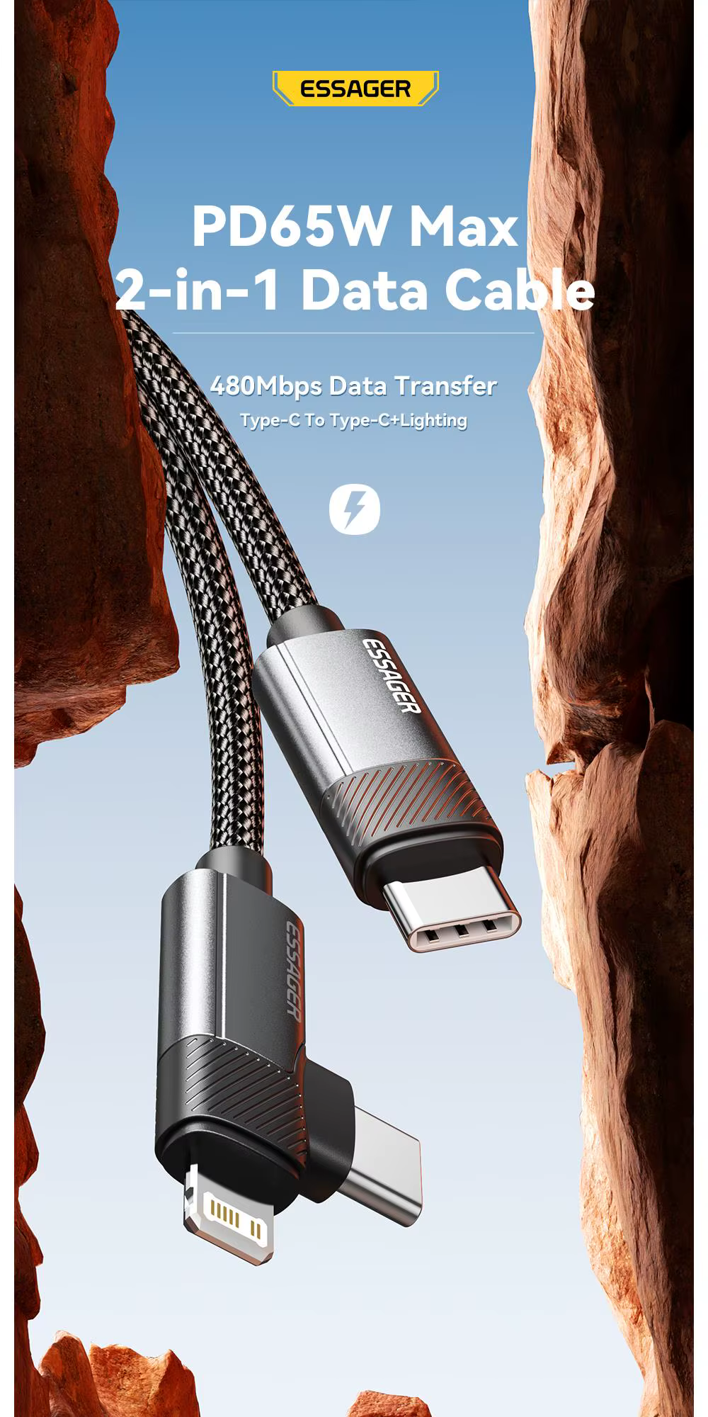 Cable Essager USB-C 65W con conector en ángulo recto
