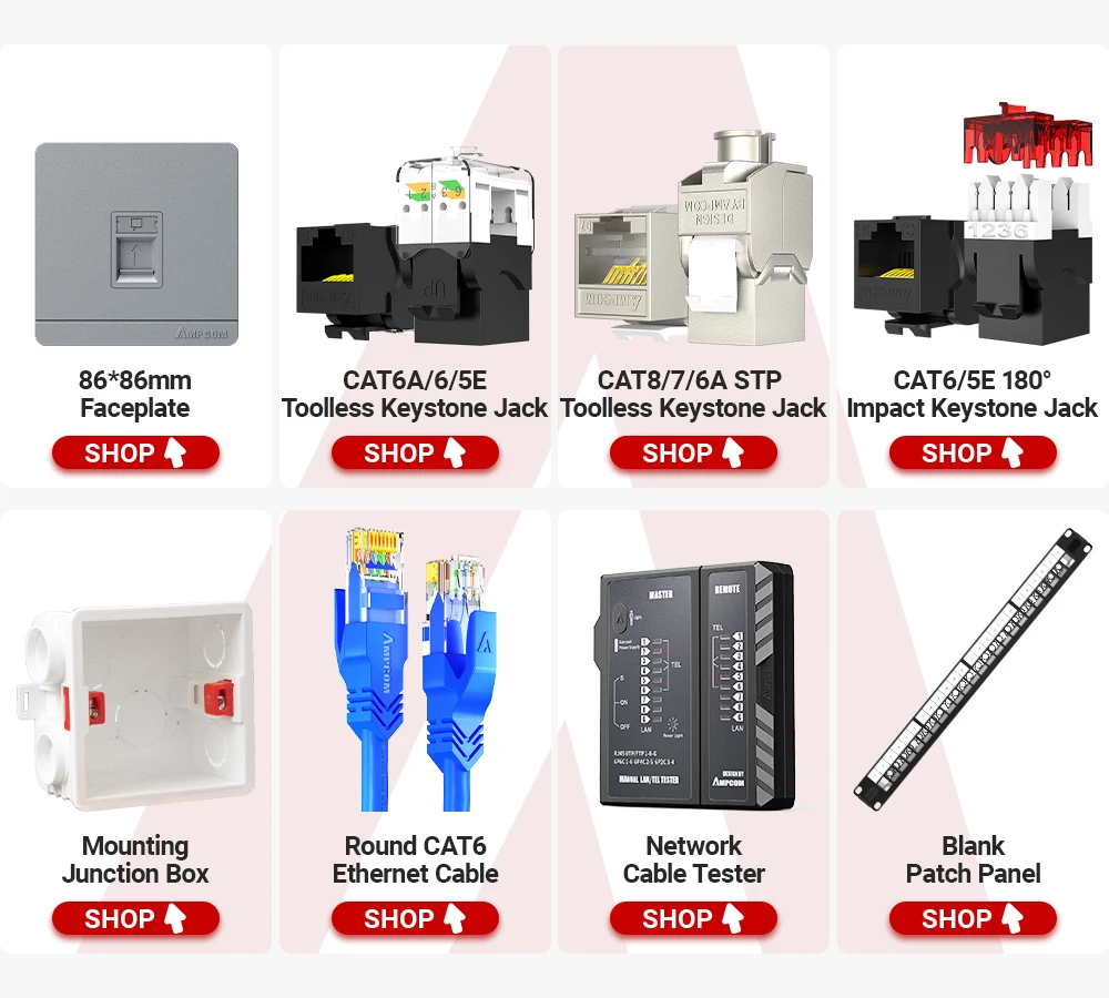 Conector Keystone AMPCOM CAT6A vistas frontal y lateral