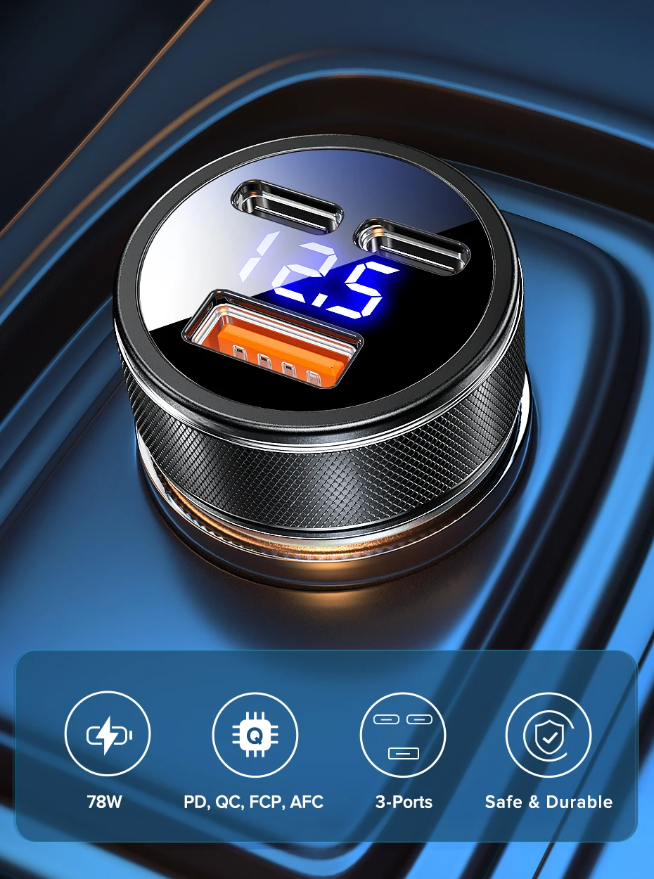 Cargador de coche QOOVI 78W con pantalla LED