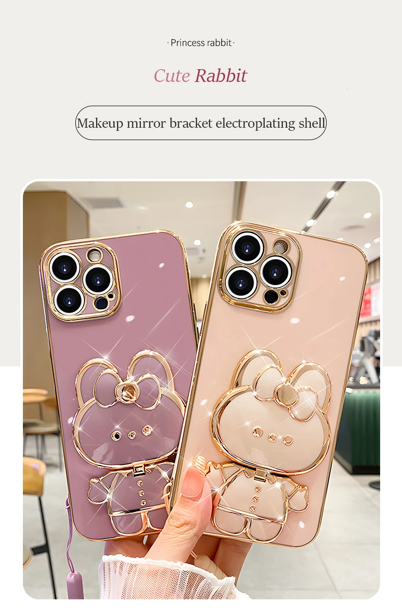Funda con correa de conejo y espejo en color dorado