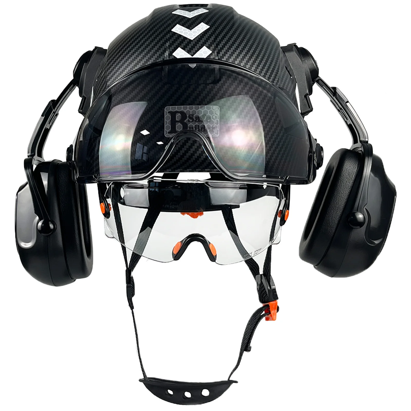 Detalle del casco con visera y orejeras