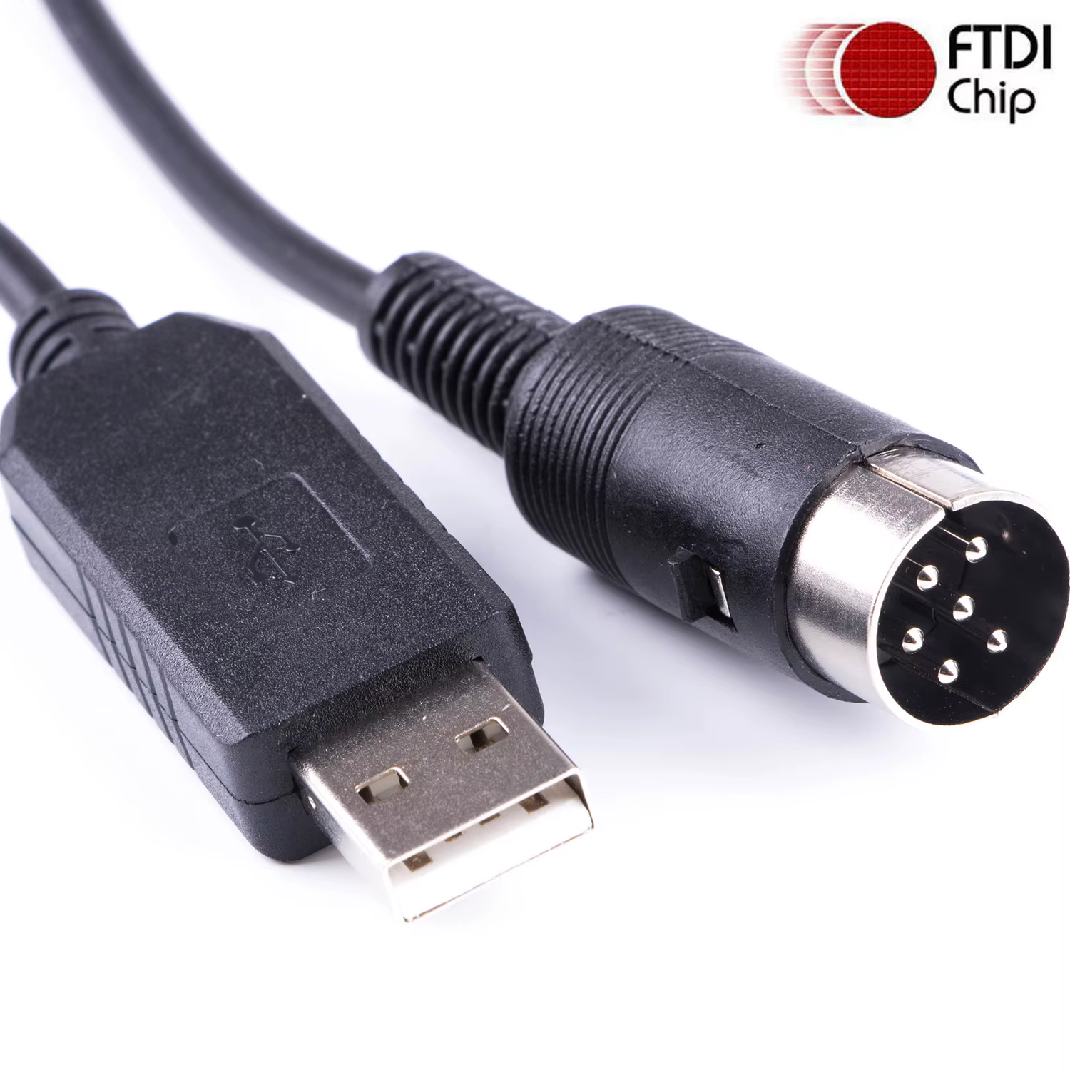 Cable FTDI FT232RL visto de frente mostrando el conector USB y el chip