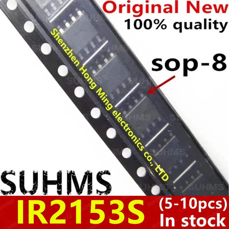 Vista frontal del chip IR2153 en encapsulado SOP‑8 mostrando patillas y marcado SUHMS