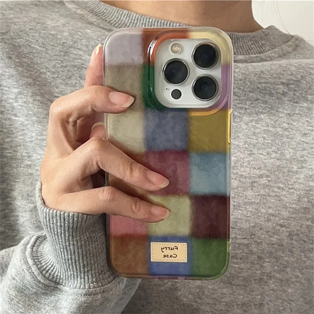 Funda a cuadros Color dopamina para iPhone, acabado mate