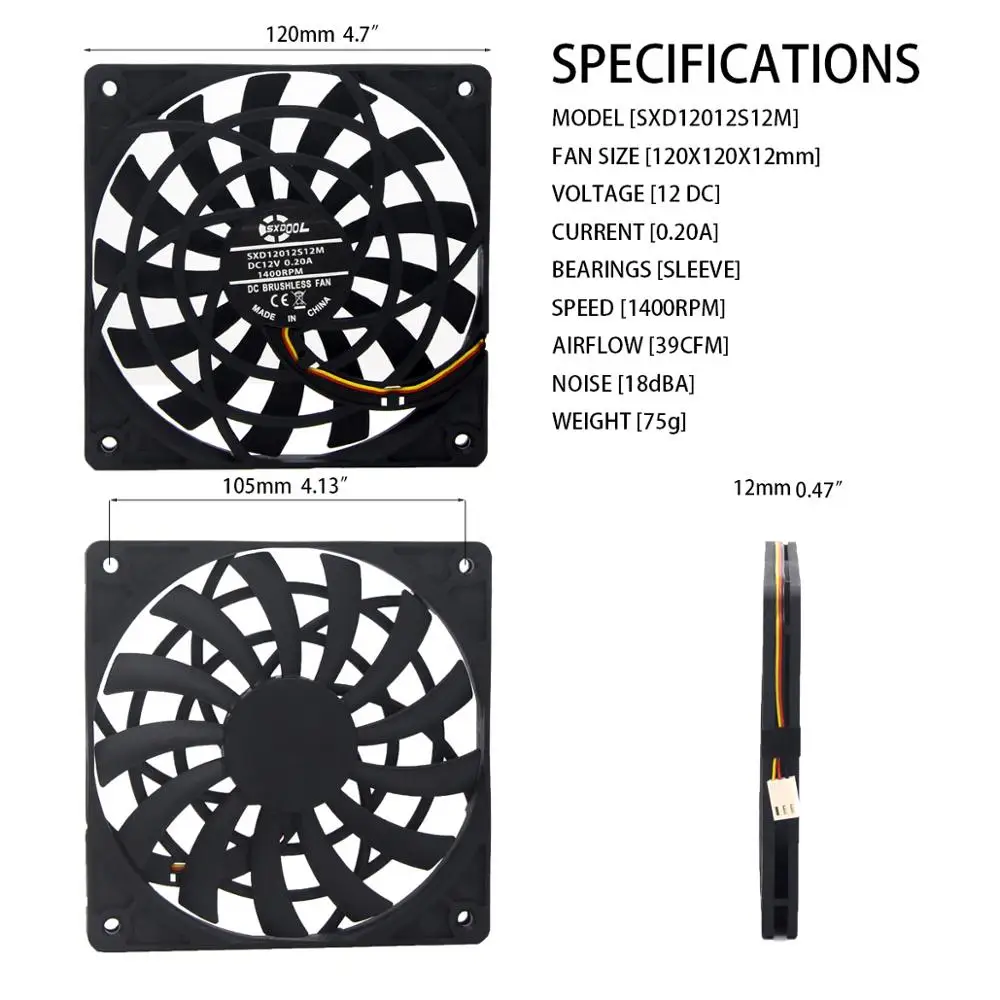 SXDOOL Ventilador Silencioso 12012 12V 39CFM 1400RPM 18dBA compacto - imagen 4