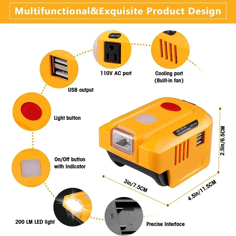 Inversor Dewalt 18-20V a AC 110V con USB para camping y herramientas - imagen 4