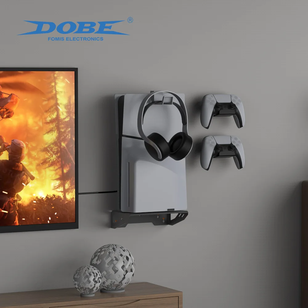 Soporte Pared PS5 Slim y Digital – DOBE Acero con Gancho Auriculares y Mando - imagen 2