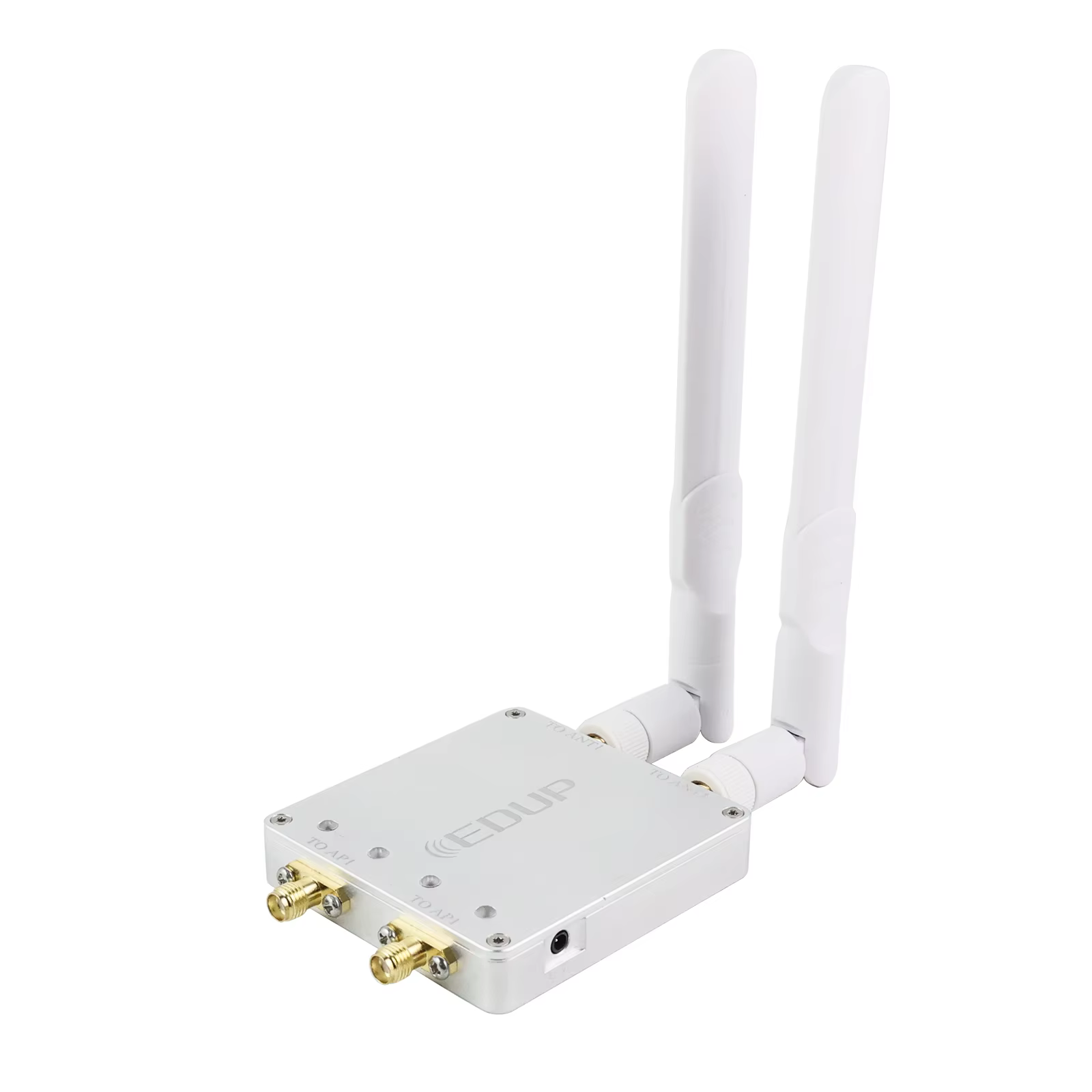 Vista frontal del amplificador EDUP mostrando conectores SMA y indicadores LED
