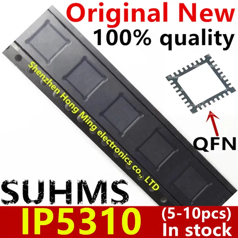 Vista frontal del chip IP5310 QFN-32 mostrando su encapsulado metálico y patillas