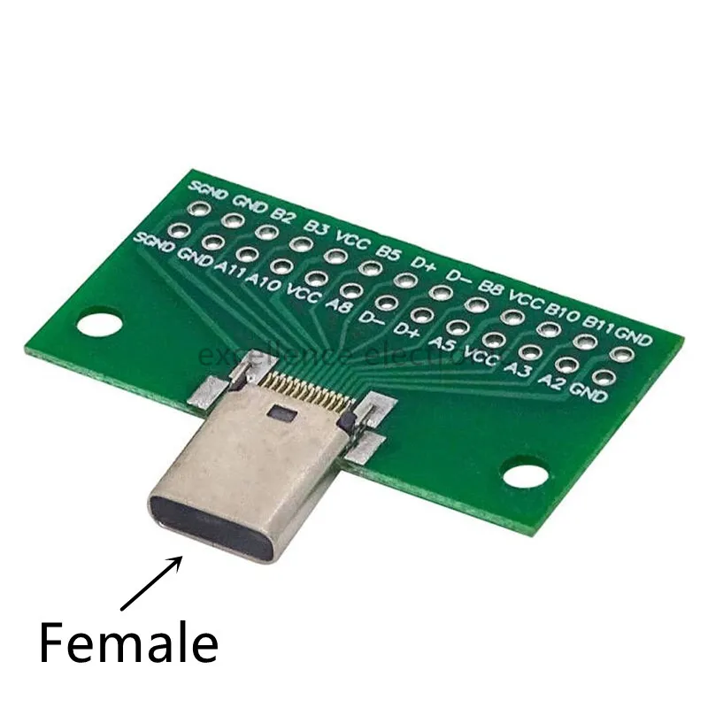 Vista frontal del adaptador de placa PCB USB-C de prueba