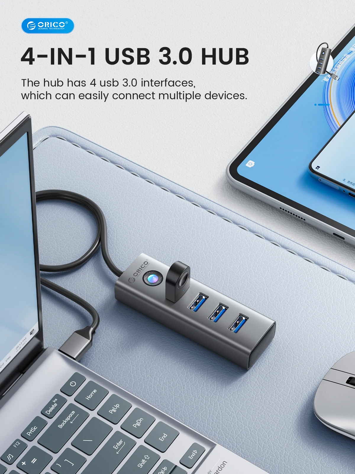 Hub USB 3.0 mostrando sus 4 puertos de aluminio