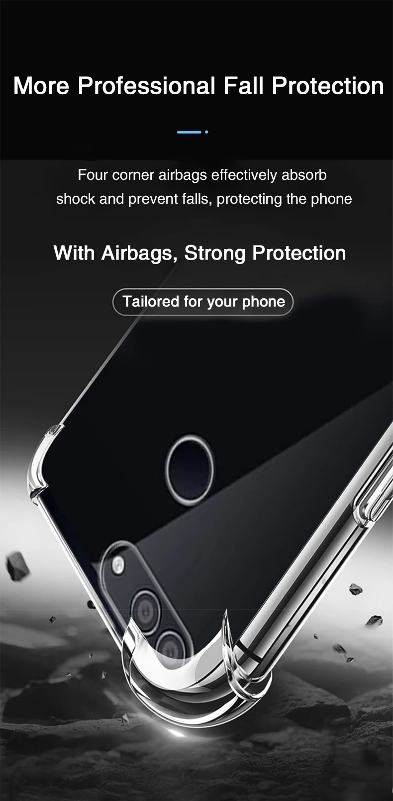 Vista frontal de la funda mostrando los refuerzos Airbag en las esquinas