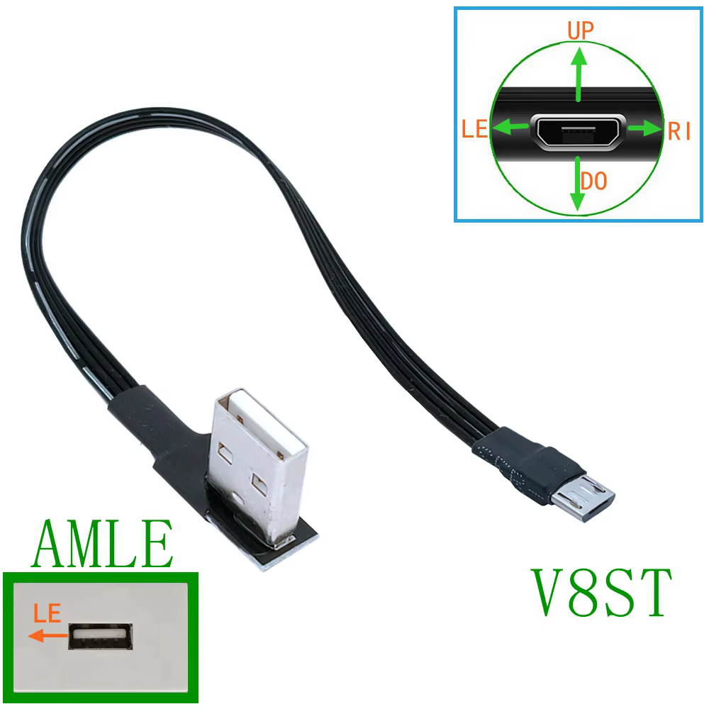 Cable USB 2.0 conectado a un power bank en ángulo izquierdo mostrando instalación plana