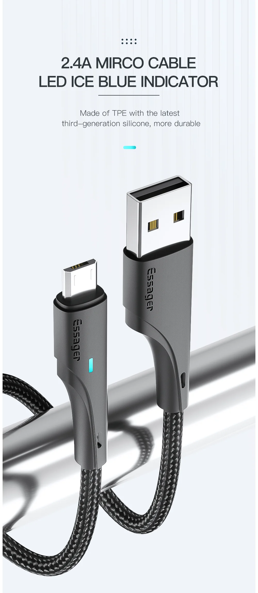 Cable Essager Micro USB con conector USBA y LED indicador