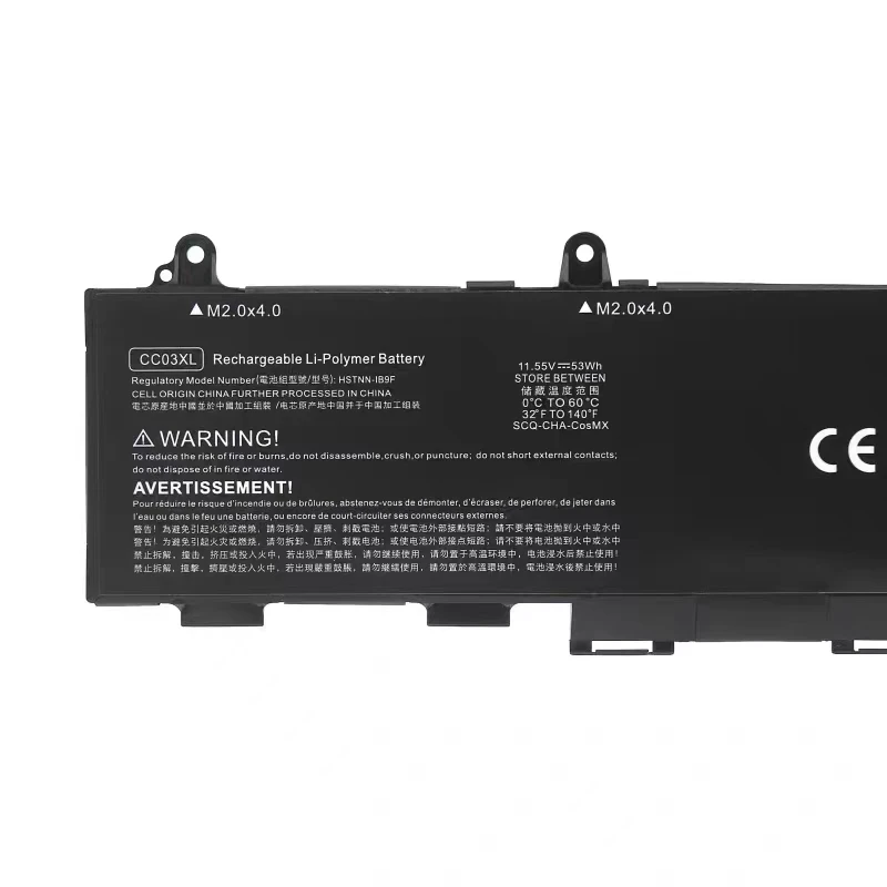 Vista frontal de la batería CC03XL mostrando conectores y etiqueta de modelo