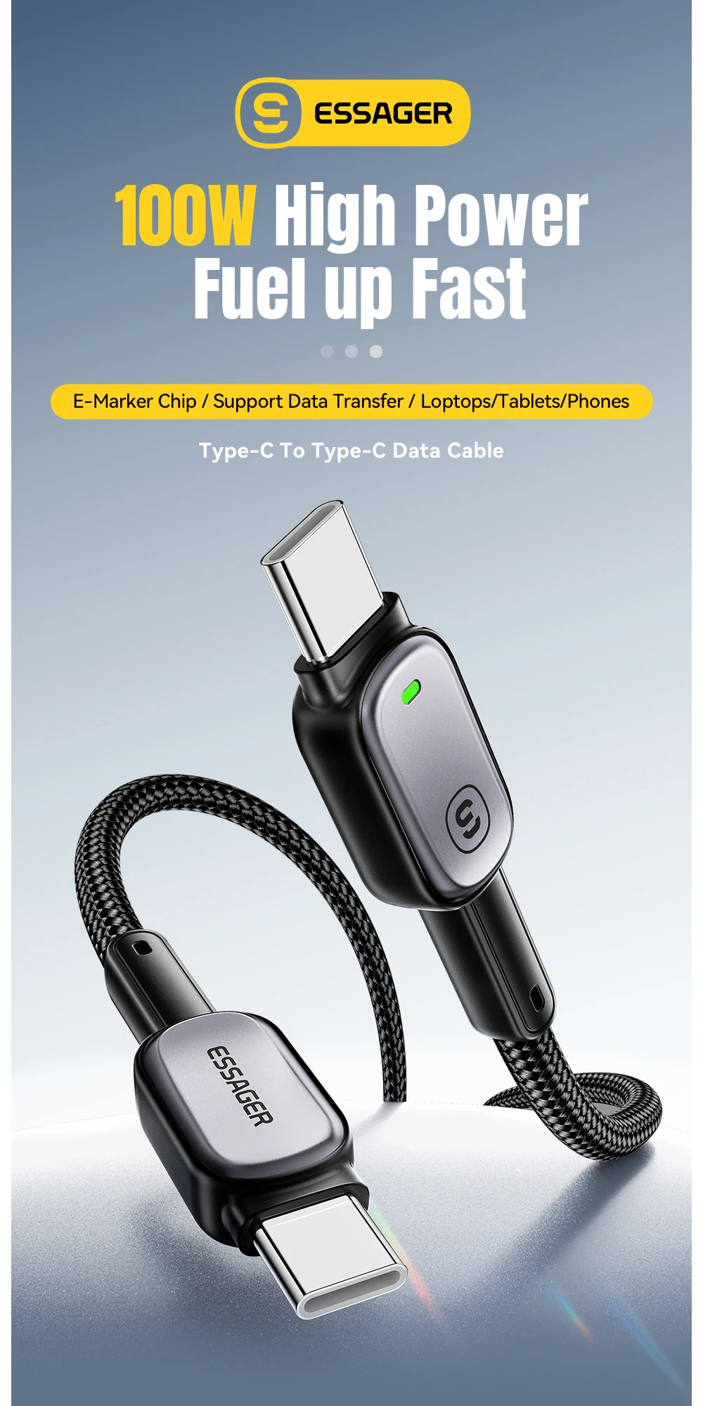 Cable Essager USB-C a USB-C de 100 W con indicador LED