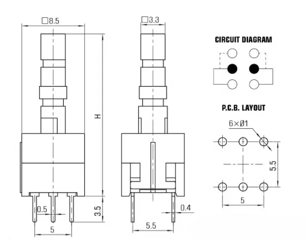 Vista frontal del interruptor mini DPDT de 6 pines
