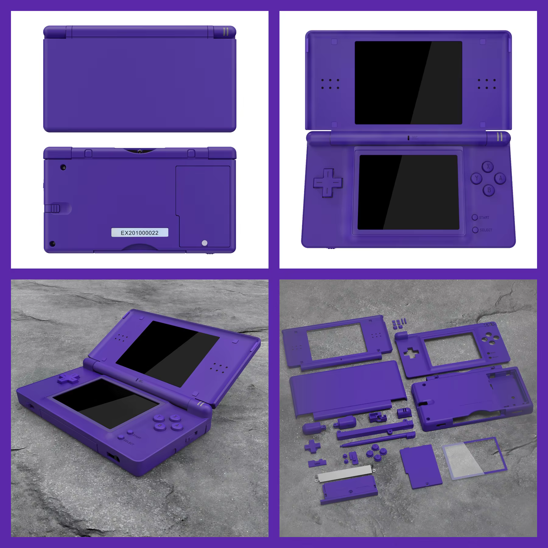 Vista adicional del kit de carcasa violeta para Nintendo DS Lite