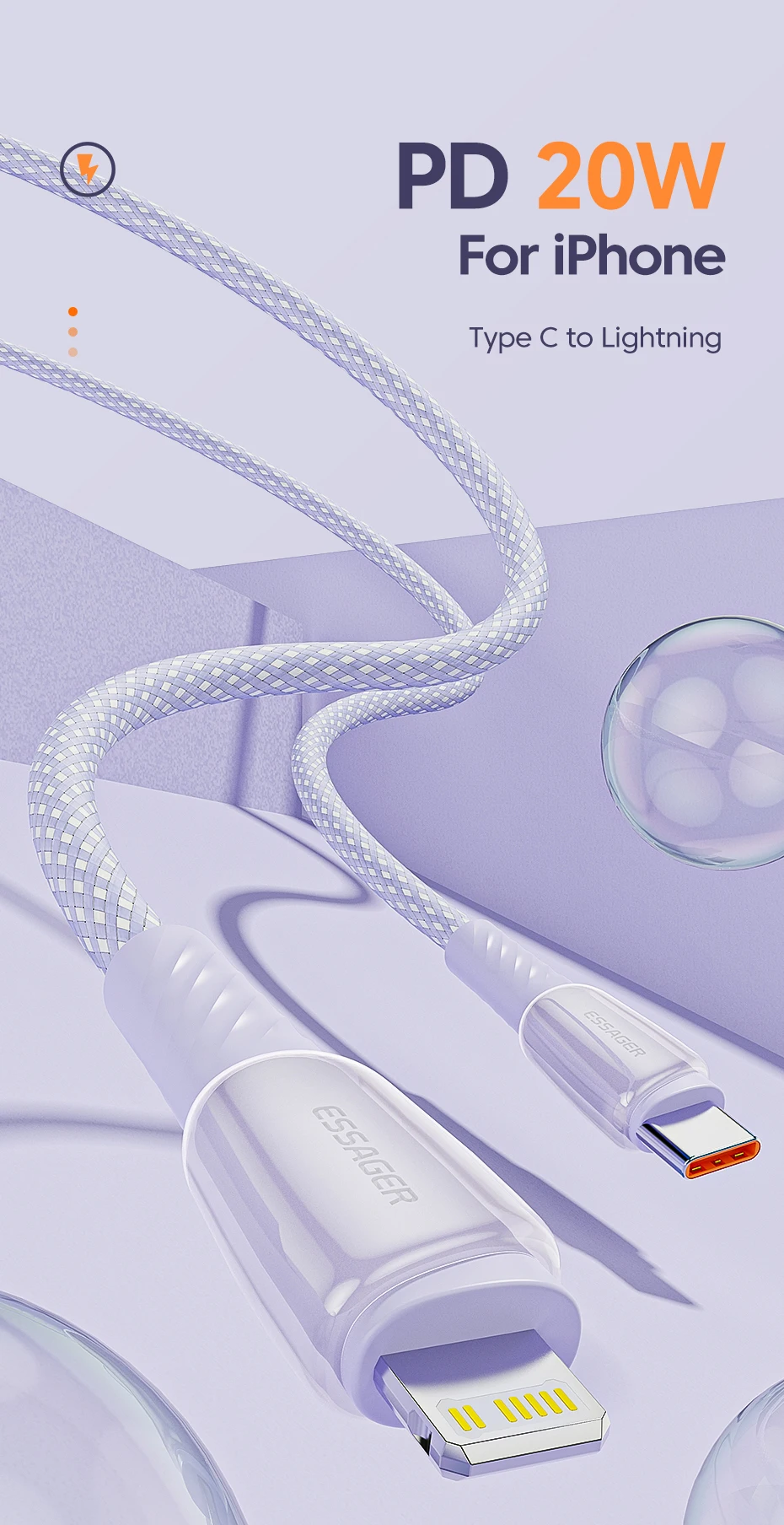 Cable ESSAGER PD 20W en uso con iPhone 14 y indicador de carga activa