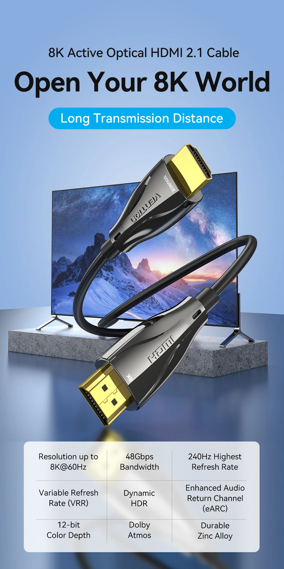 Cable HDMI 2.1 de fibra óptica 8K