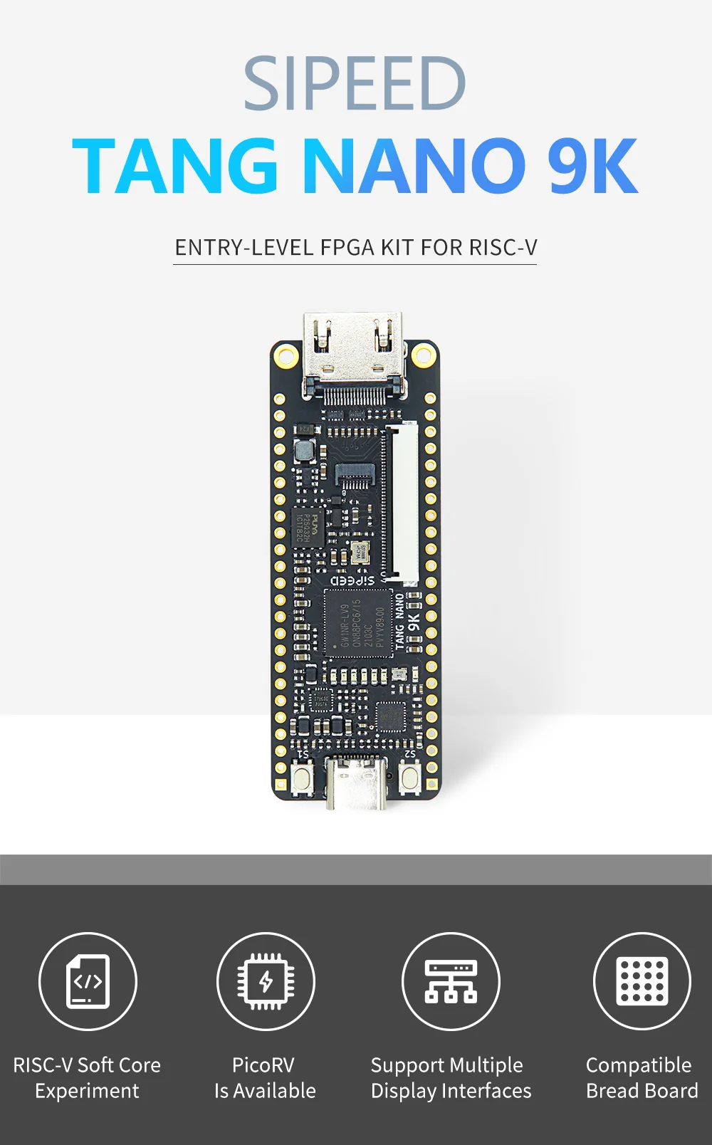 Vista frontal de la placa Sipeed Tang Nano 9K