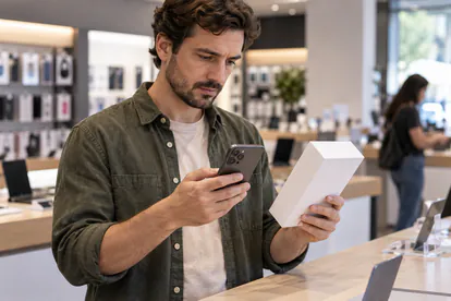 Comprador comprueba la referencia de un móvil y el contenido de su caja