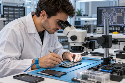 Ingeniero examina una placa de móvil durante el desarrollo de componentes