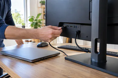 Persona conectando un cable de vídeo a un monitor con un portátil sobre la mesa