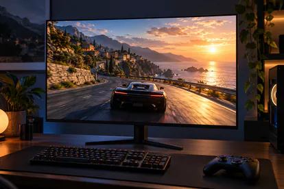 Monitor plano de formato 16:9 mostrando un juego de conducción en un escritorio nocturno