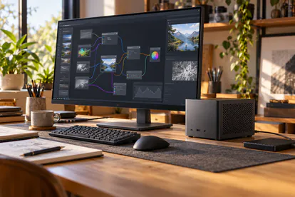 Ordenador compacto junto a un monitor con una aplicación creativa de nodos