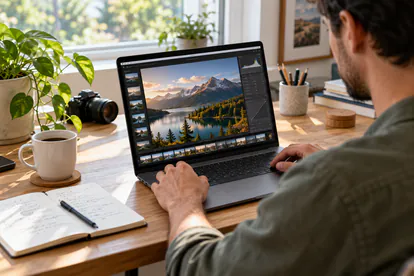 Usuario editando una fotografía en un portátil en su mesa de trabajo