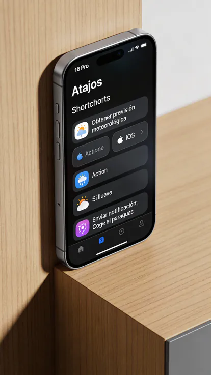 App Atajos de iPhone mostrando una automatización del tiempo.
