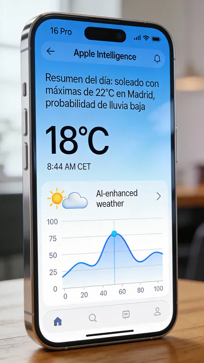 iPhone mostrando el pronóstico del tiempo con Apple Intelligence.