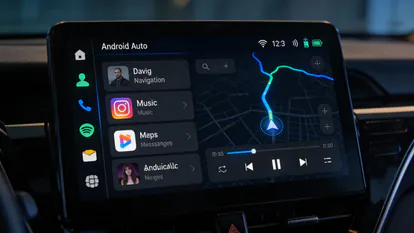Pantalla de Android Auto mostrando la interfaz con barra lateral en un vehículo.