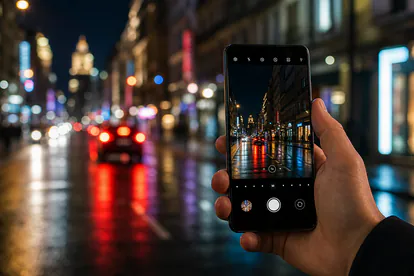 Escena urbana nocturna fotografiada con un movil Galaxy en modo avanzado