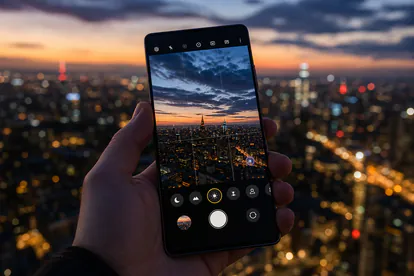 Smartphone Galaxy mostrando el menu de modos de camara con fotografia nocturna