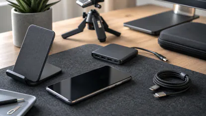 Smartphone con boton lateral visible junto a soporte, hub y cable USB-C en una mesa de trabajo.