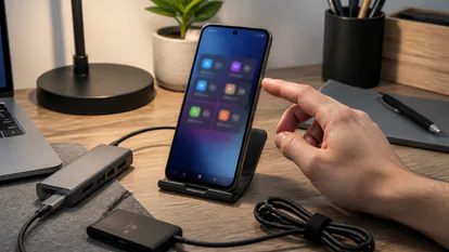 Movil Android en un escritorio configurando atajos con cable y hub USB-C alrededor.