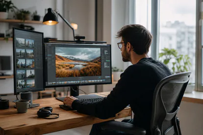Ordenador ejecutando edición, navegador y videollamada en varios monitores.