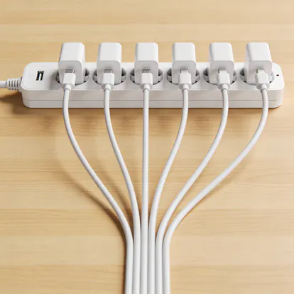 Regleta de enchufes con varios dispositivos conectados en un hogar.