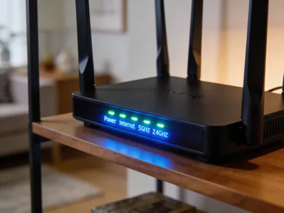 Router WiFi moderno con luces LED indicadoras encendidas.