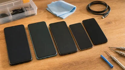 Varios smartphones usados alineados para revisar su estado de soporte y accesorios.