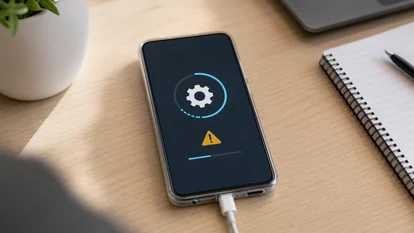 Móvil Android mostrando una pantalla abstracta de actualización pendiente sobre un escritorio.