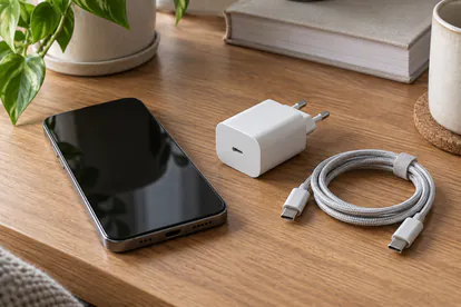 Móvil junto a un cargador europeo desconectado y un cable USB-C sobre un escritorio