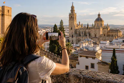 Viajero fotografía edificios urbanos con un teléfono sostenido horizontalmente