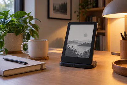 Libro electrónico sobre una base de carga en un escritorio con lámpara y cuaderno