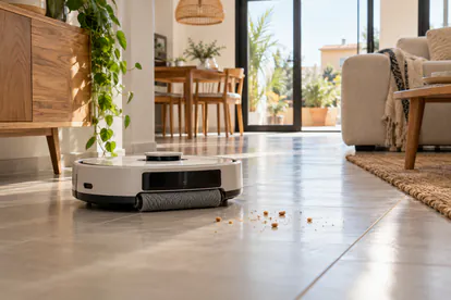 Robot aspirador genérico con rodillo sobre el suelo de un salón luminoso