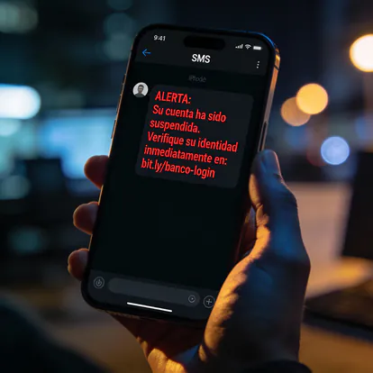 Smartphone mostrando un mensaje SMS fraudulento de phishing.